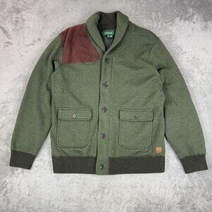 Orvis Merino Wool Knit Sweater Cardigan Shawl Collar Suede Shoulder Patch Chore